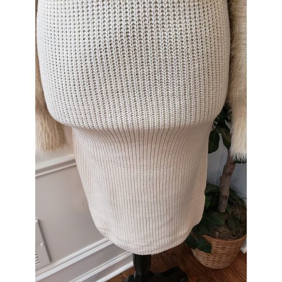 Bump Biddy Sweater Dress Maternity Beige Ribbed Puffy Fur Sleeve Turtleneck LG - Picture 10 of 14